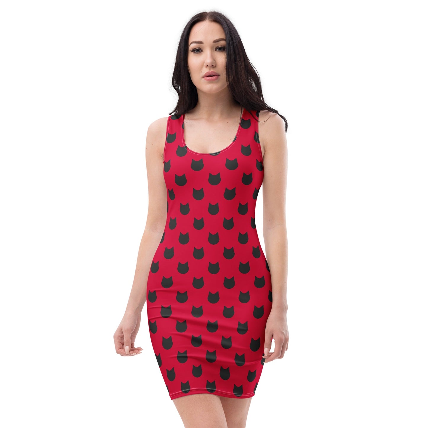 Scarlet Charm – Black Cat Polka Dot Fitted Dress - Nimblet
