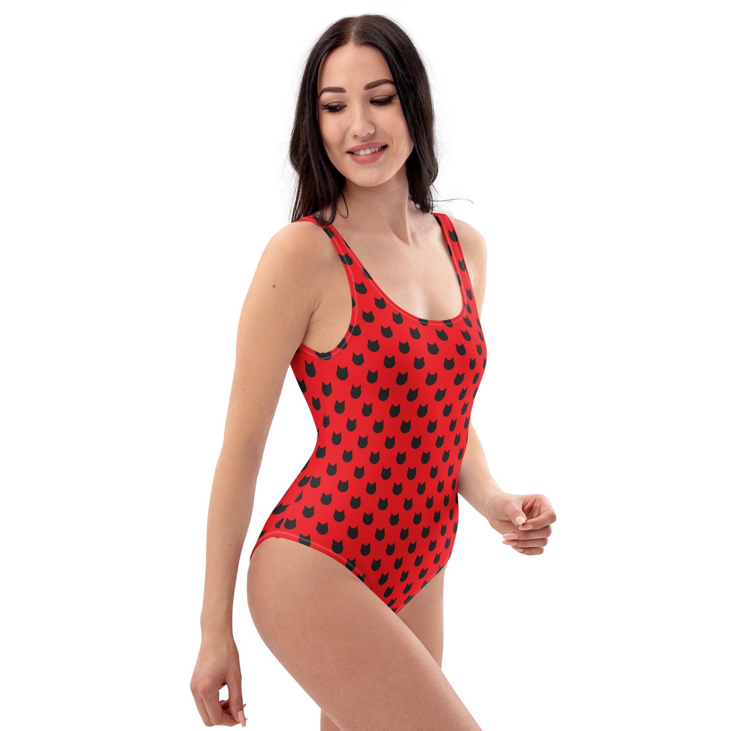 Scarlet Purrfection – Black Cat Polka Dot One - Piece Swimsuit - Nimblet