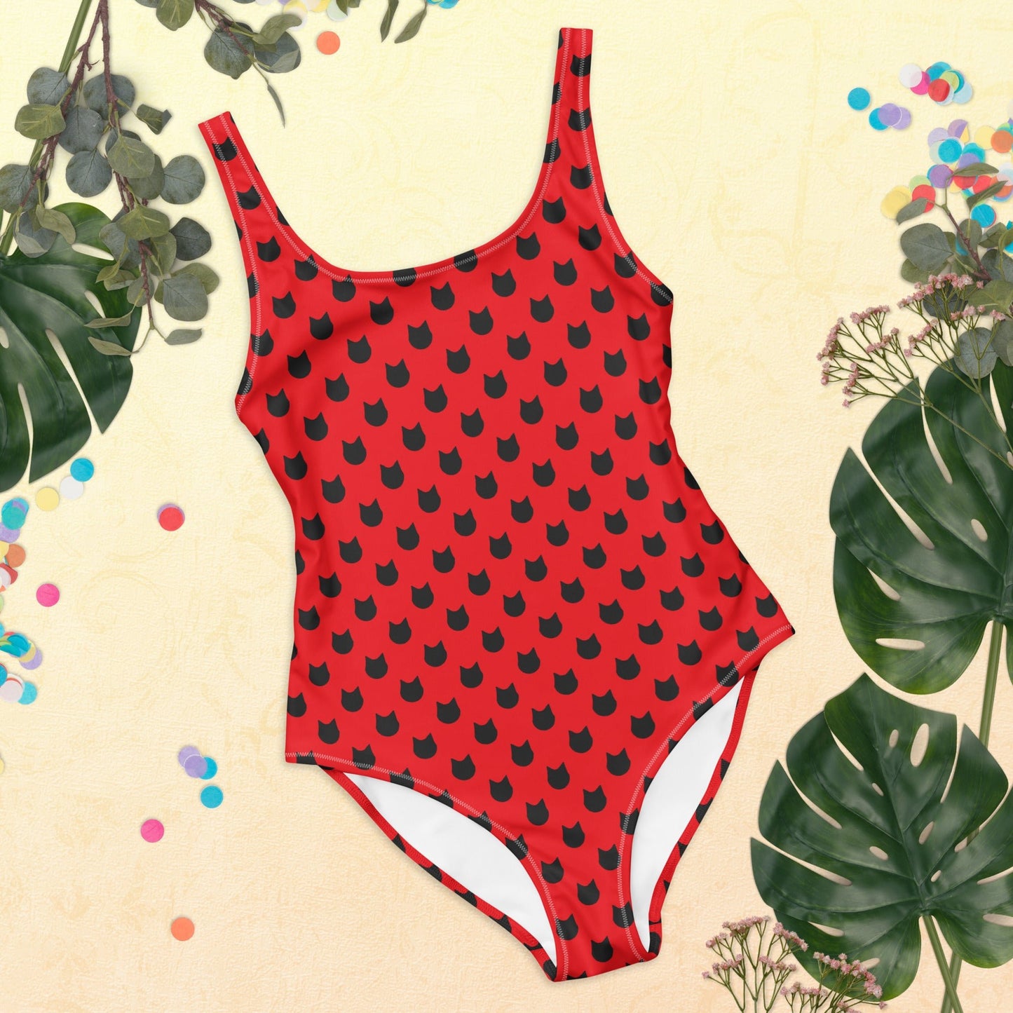 Scarlet Purrfection – Black Cat Polka Dot One - Piece Swimsuit - Nimblet