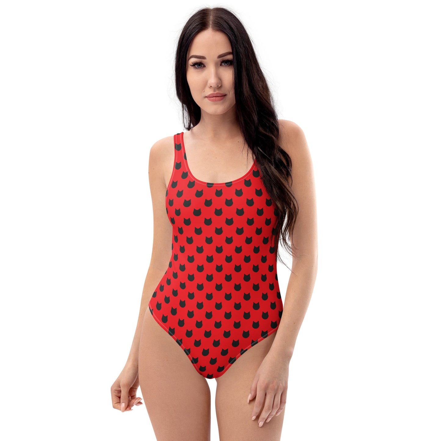 Scarlet Purrfection – Black Cat Polka Dot One - Piece Swimsuit - Nimblet