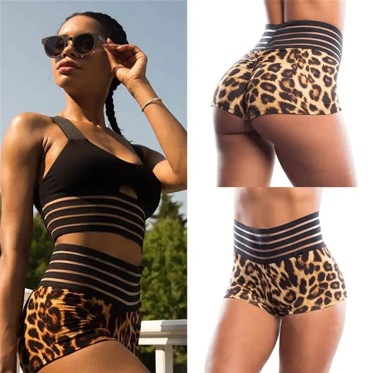 Leopard Print Stitching Striped Shorts - Nimblet
