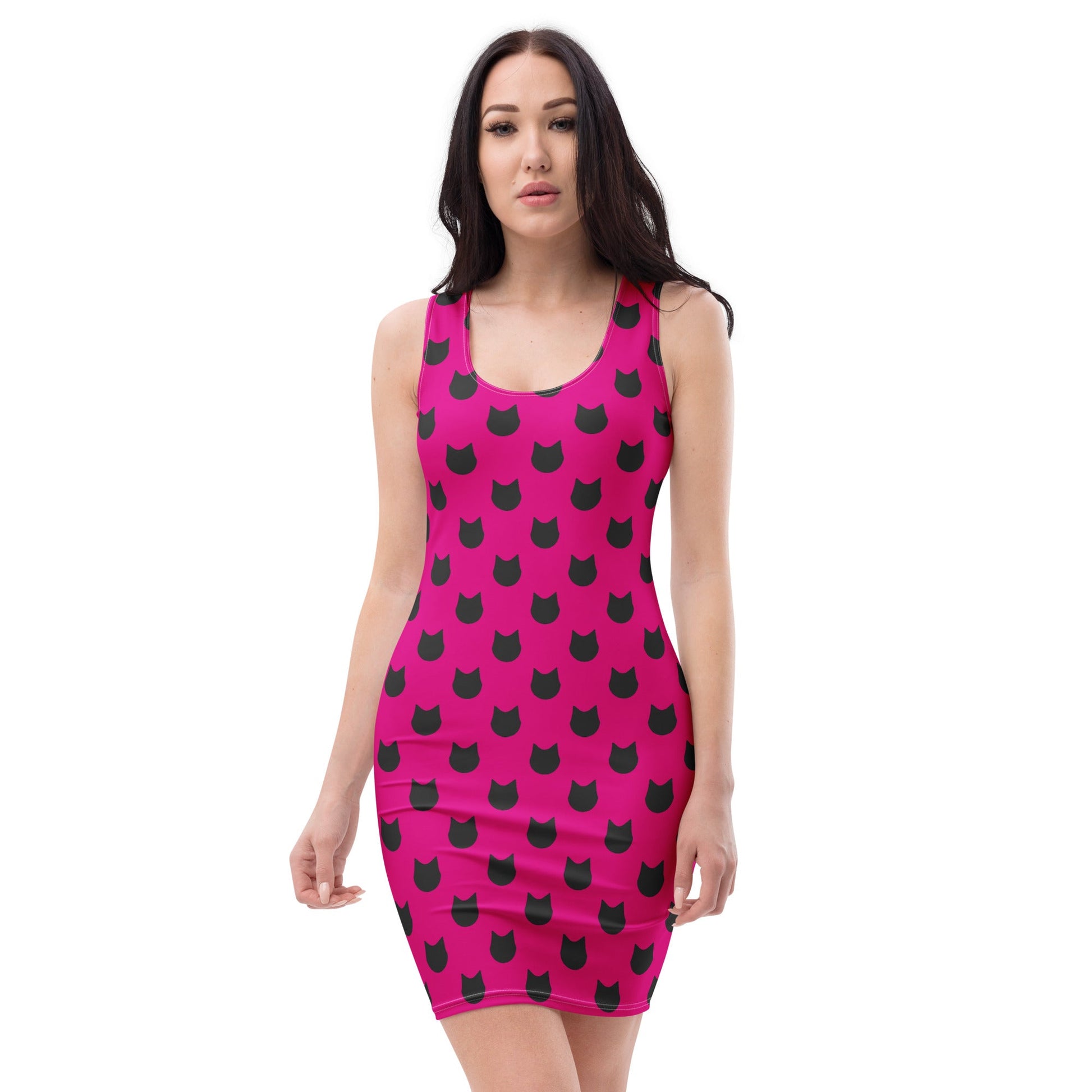 Purrfectly Pink – Black Cat Polka Dot Fitted Dress - Nimblet