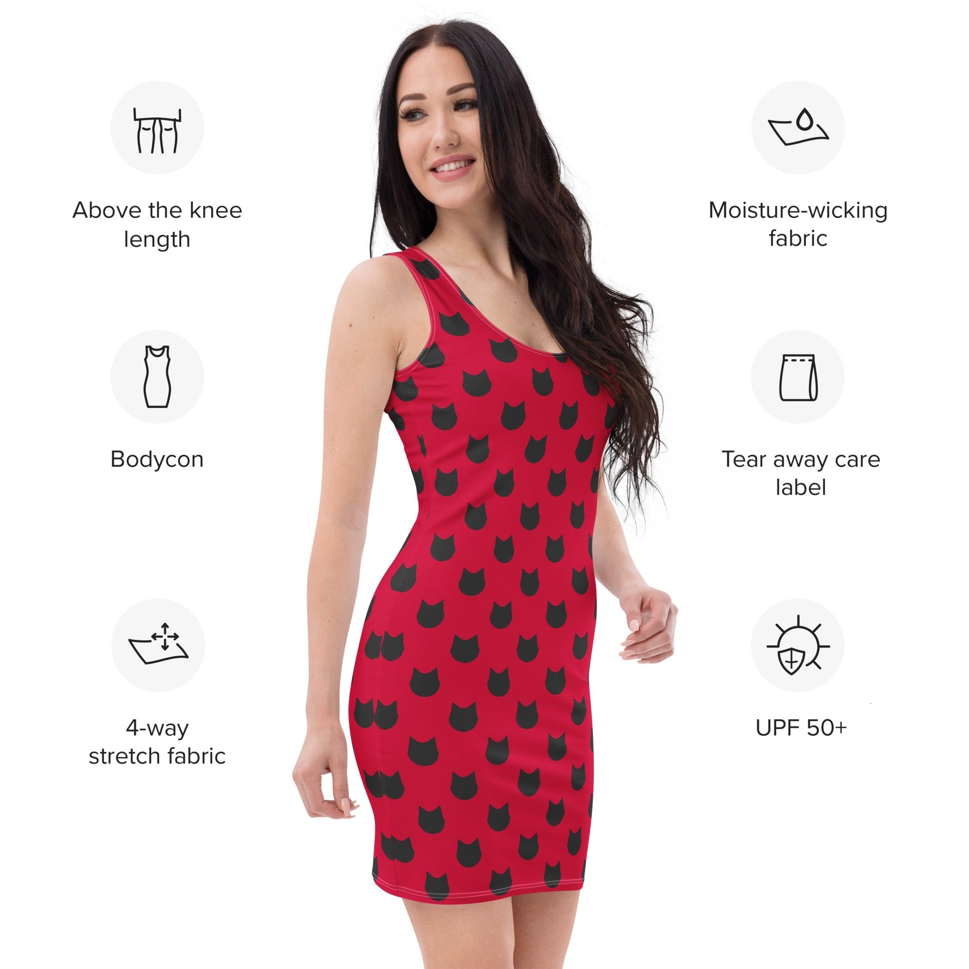 Scarlet Charm – Black Cat Polka Dot Fitted Dress - Nimblet