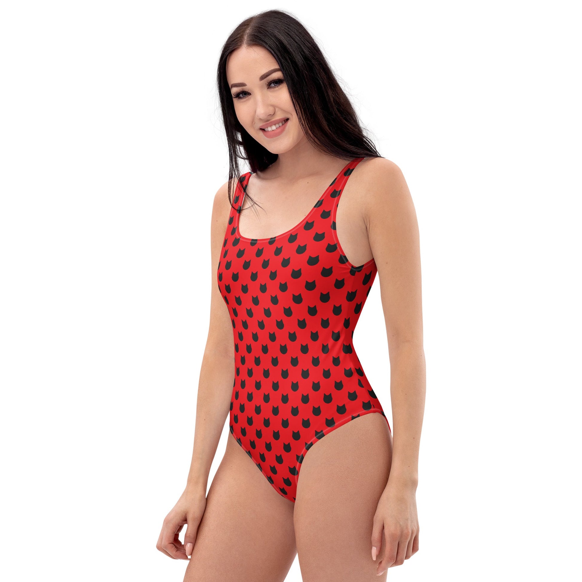 Scarlet Purrfection – Black Cat Polka Dot One - Piece Swimsuit - Nimblet