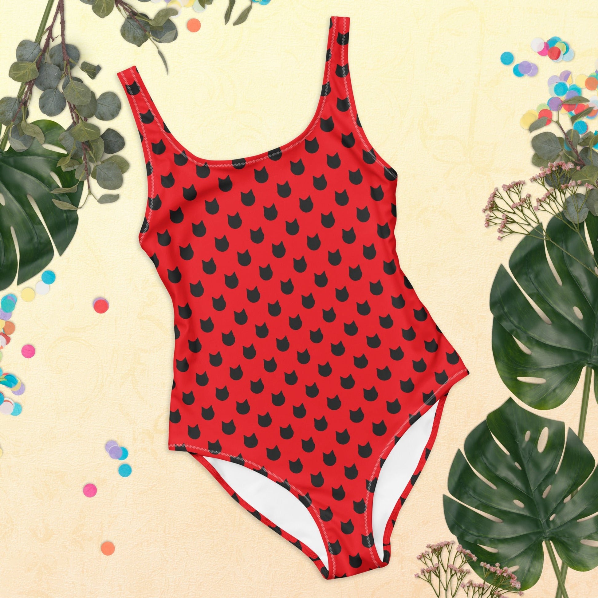 Scarlet Purrfection – Black Cat Polka Dot One - Piece Swimsuit - Nimblet