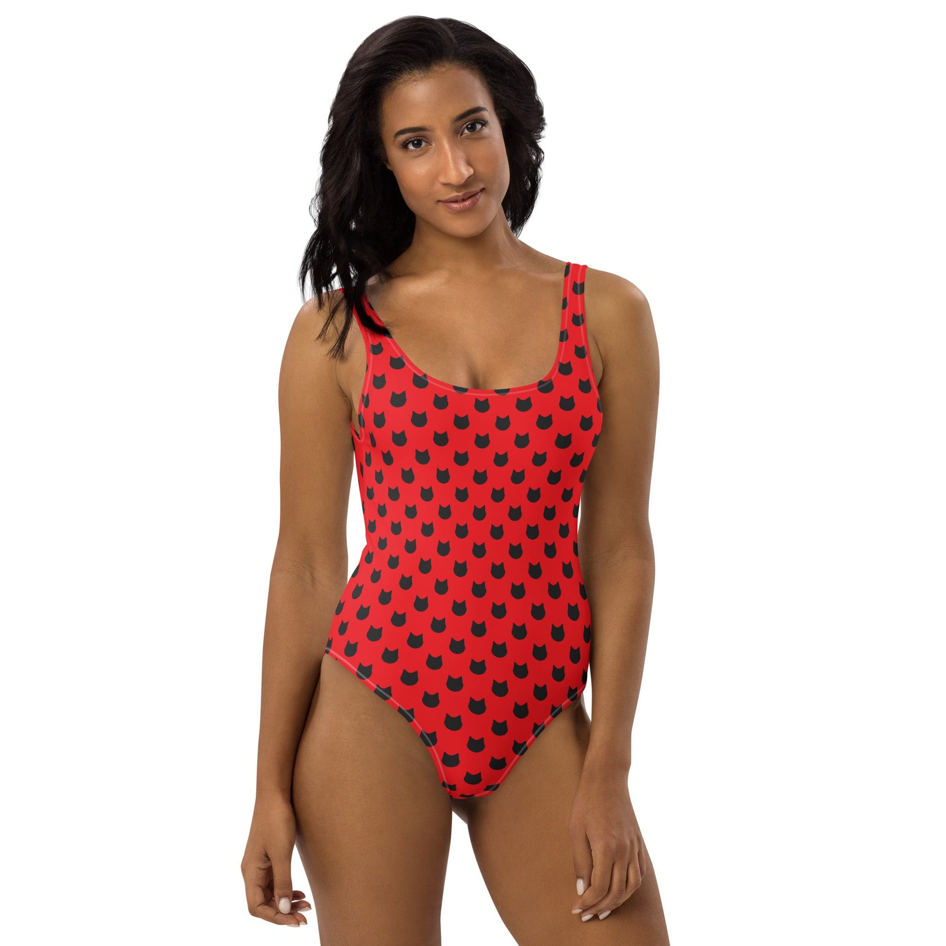 Scarlet Purrfection – Black Cat Polka Dot One - Piece Swimsuit - Nimblet