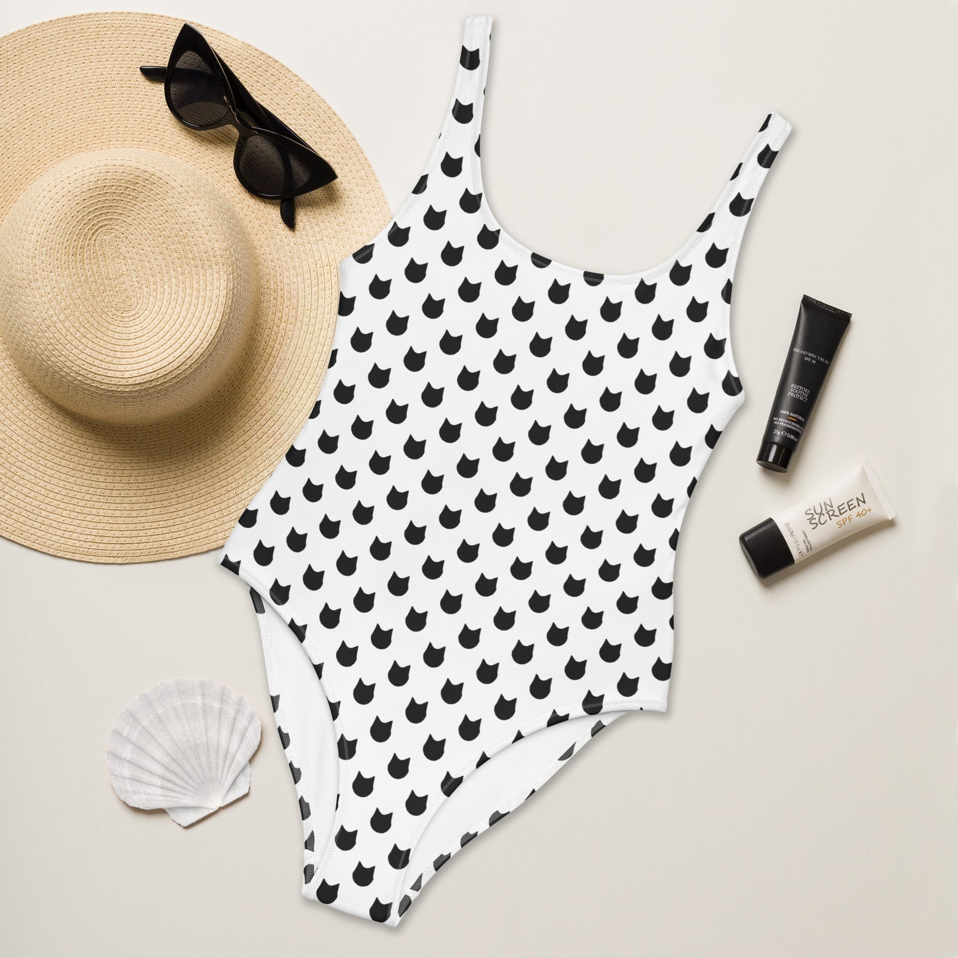 Snow Whiskers – Black Cat Polka Dot One - Piece Swimsuit - Nimblet